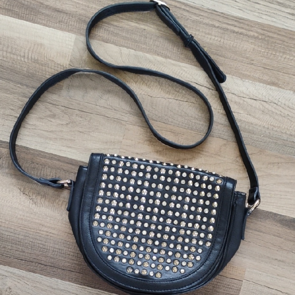 Black And Gold Studded Crossbody Saddle Bag